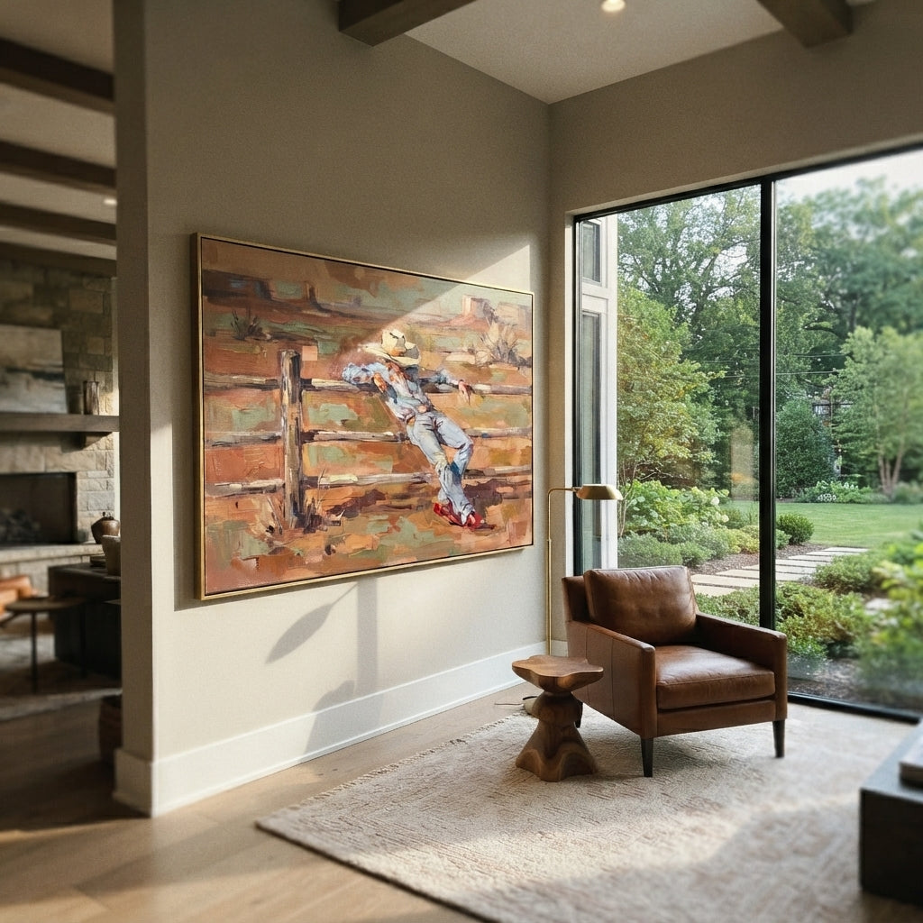 Rest Beyond the Fence - cowboy by fence painting shown in modern room setting 2