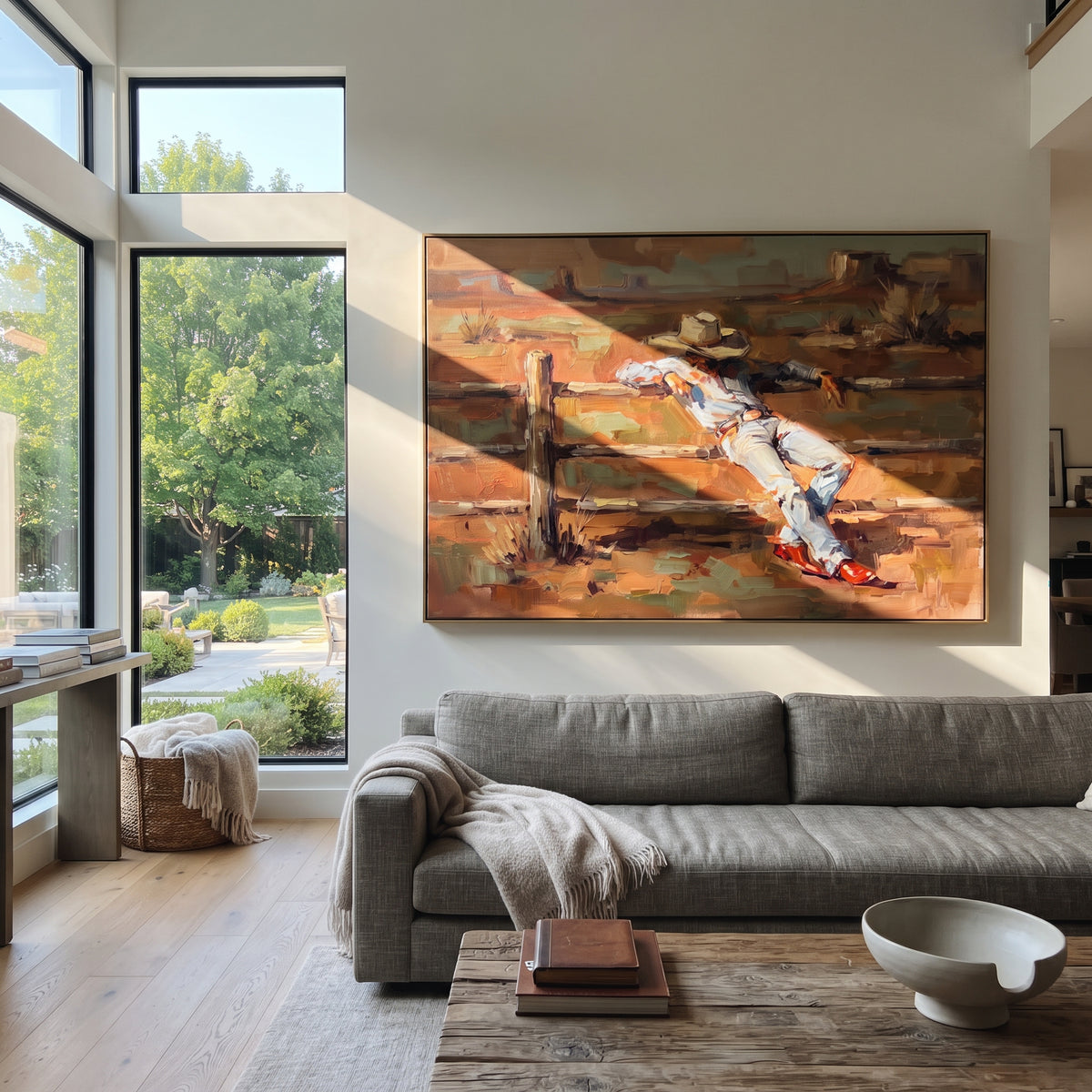 Rest Beyond the Fence - cowboy by fence painting shown in modern room setting 3