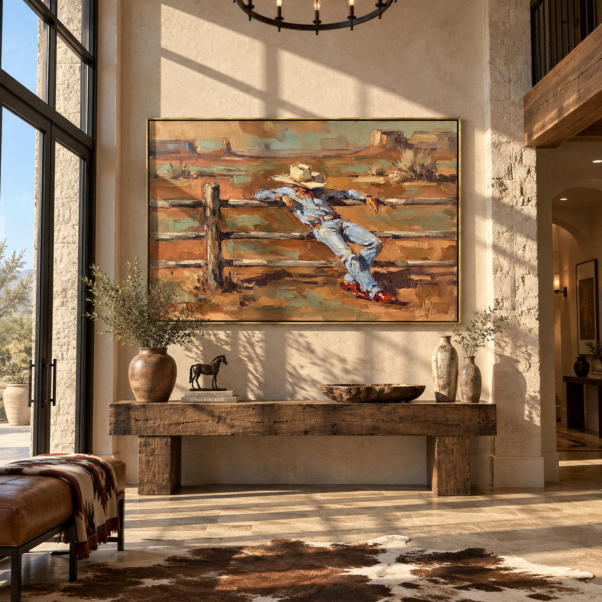 Rest Beyond the Fence - cowboy by fence painting shown in modern room setting 5
