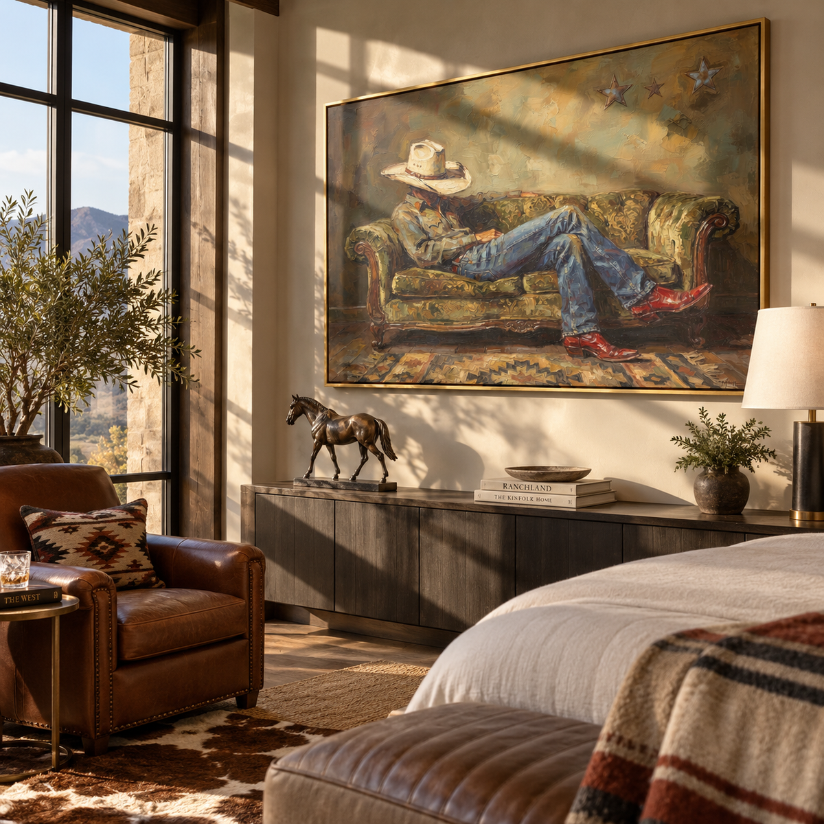 Olive Sofa After Sundown - relaxed cowboy painting displayed in a styled interior