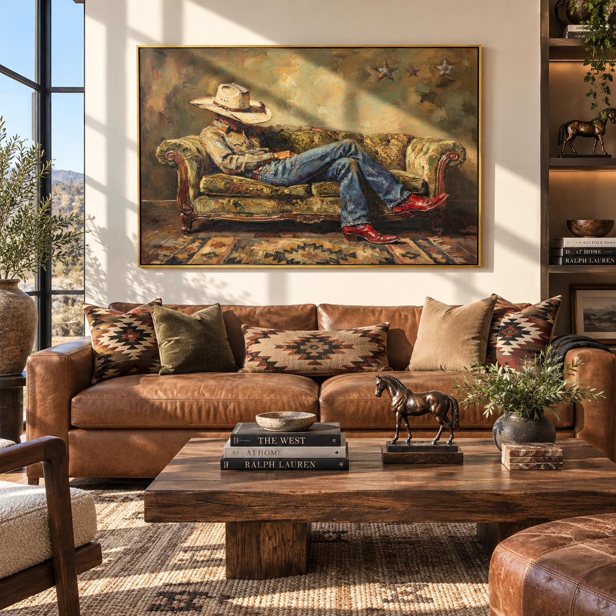 Olive Sofa After Sundown - relaxed cowboy painting shown in modern room setting 2