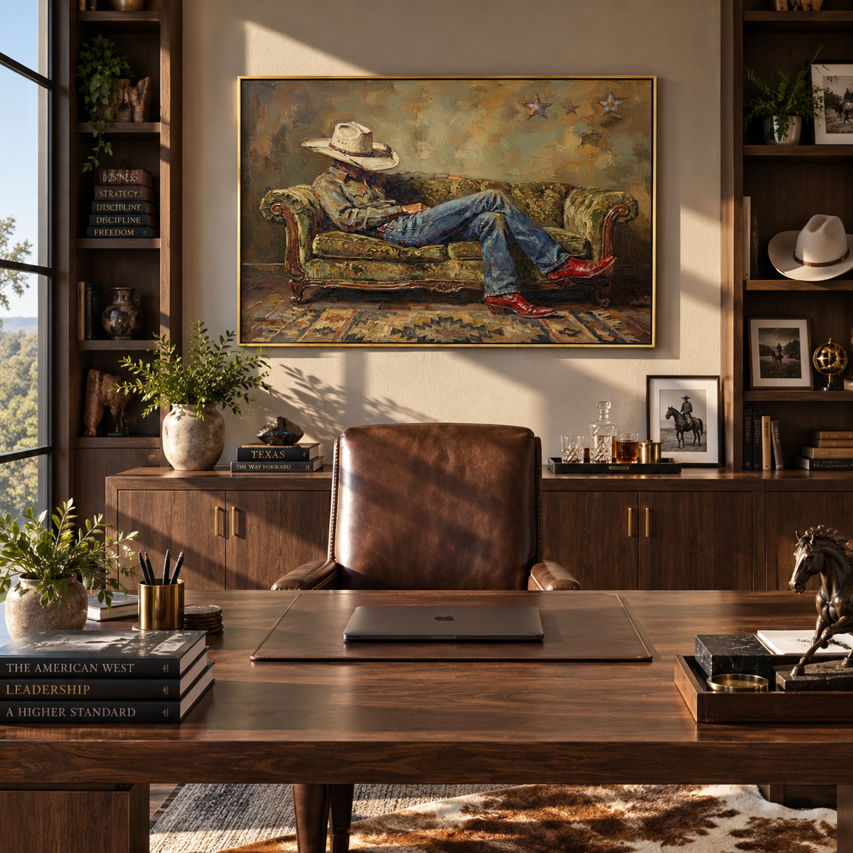Olive Sofa After Sundown - relaxed cowboy painting shown in modern room setting 4