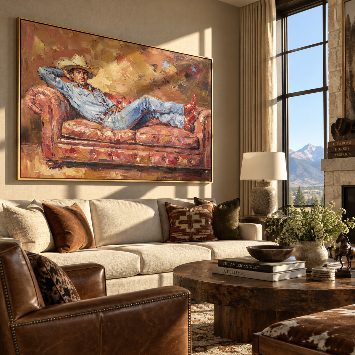Rose Sofa at Dusk - resting cowboy painting displayed in a styled interior
