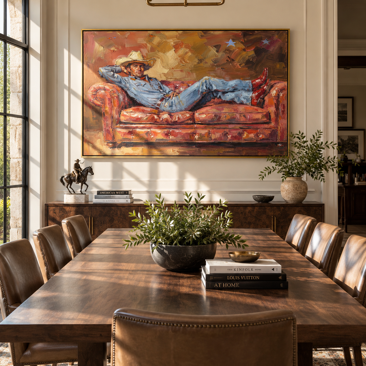Rose Sofa at Dusk - resting cowboy painting shown in modern room setting 4
