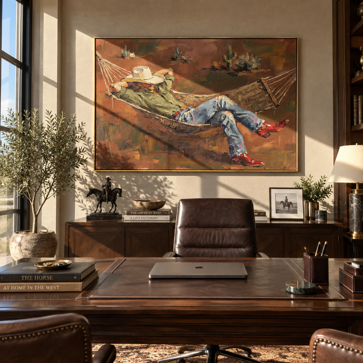 Hammock Under Desert Sky - cowboy hammock painting shown in modern room setting 2