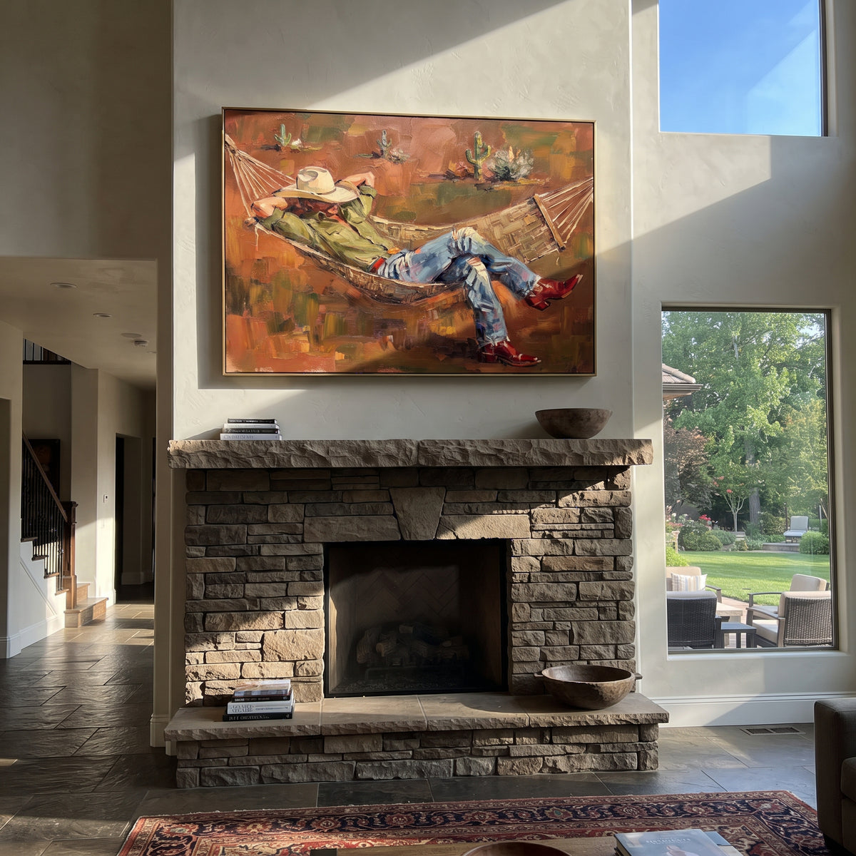 Hammock Under Desert Sky - cowboy hammock painting shown in modern room setting 4