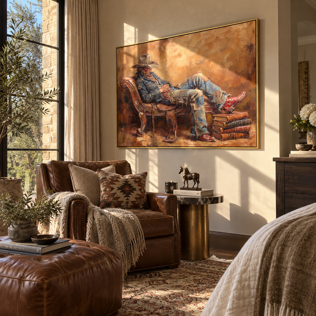 Leather Chair, Quiet Boots - seated cowboy painting displayed in a styled interior