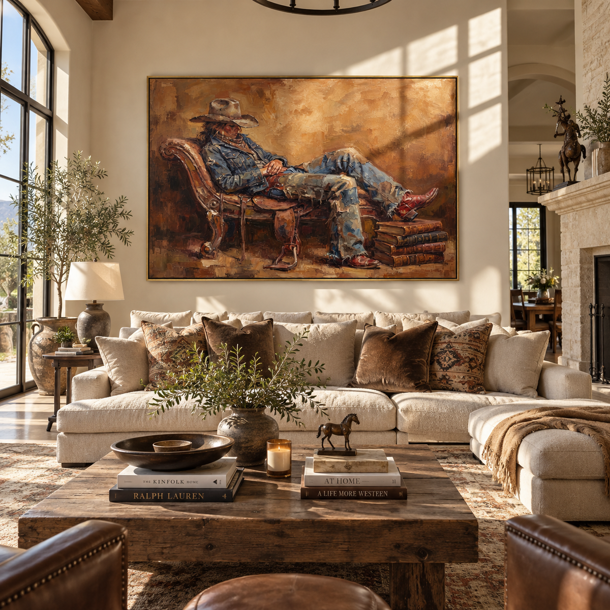 Leather Chair, Quiet Boots - seated cowboy painting shown in modern room setting 2