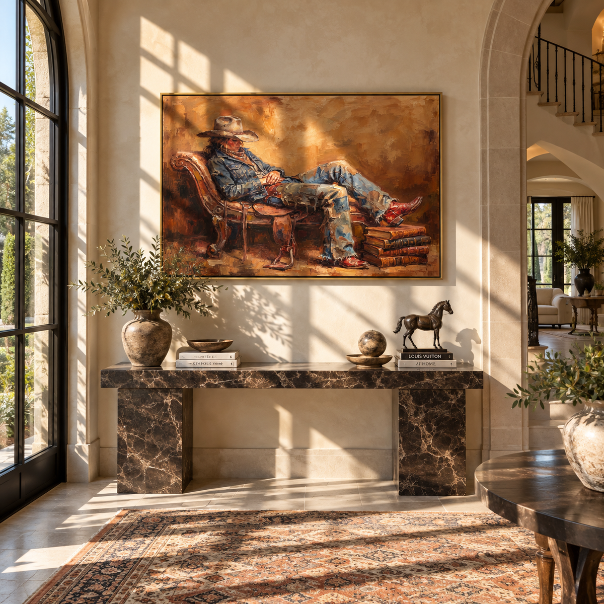 Leather Chair, Quiet Boots - seated cowboy painting shown in modern room setting 3