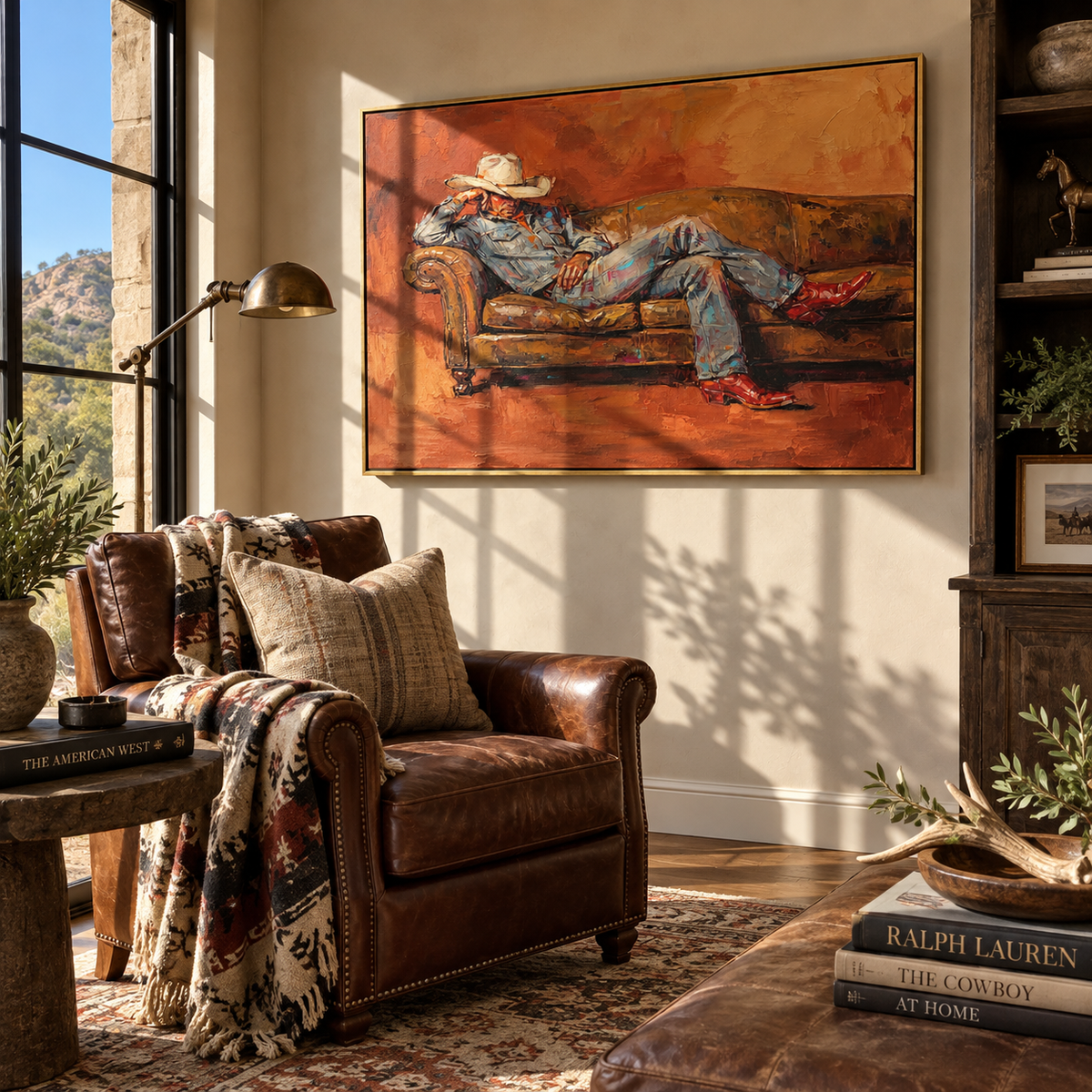 Ember Sofa Repose - reclining cowboy painting displayed in a styled interior