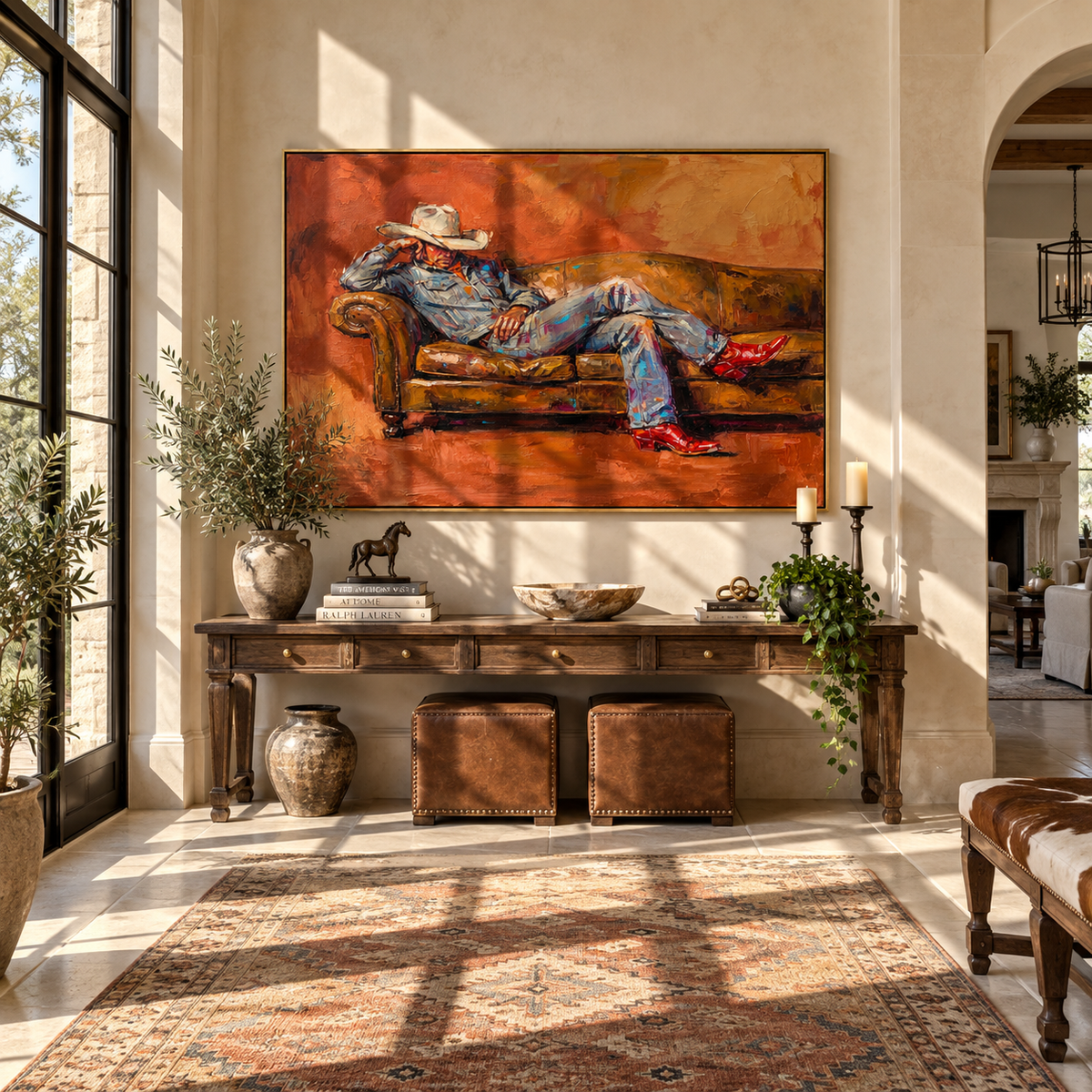 Ember Sofa Repose - reclining cowboy painting shown in modern room setting 2