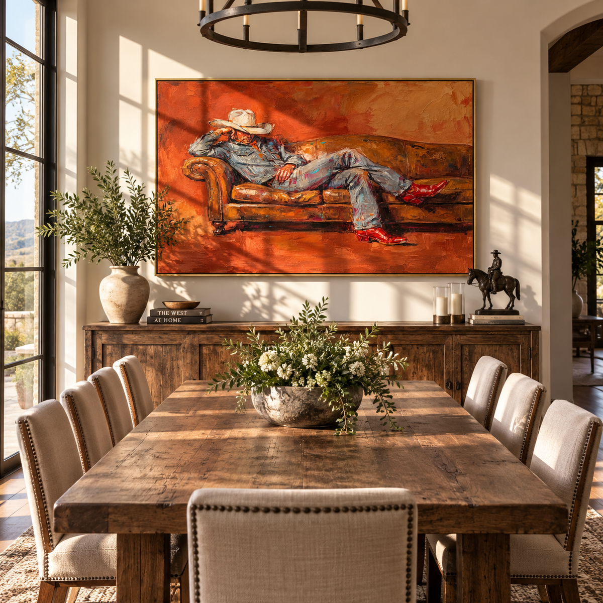 Ember Sofa Repose - reclining cowboy painting shown in modern room setting 3