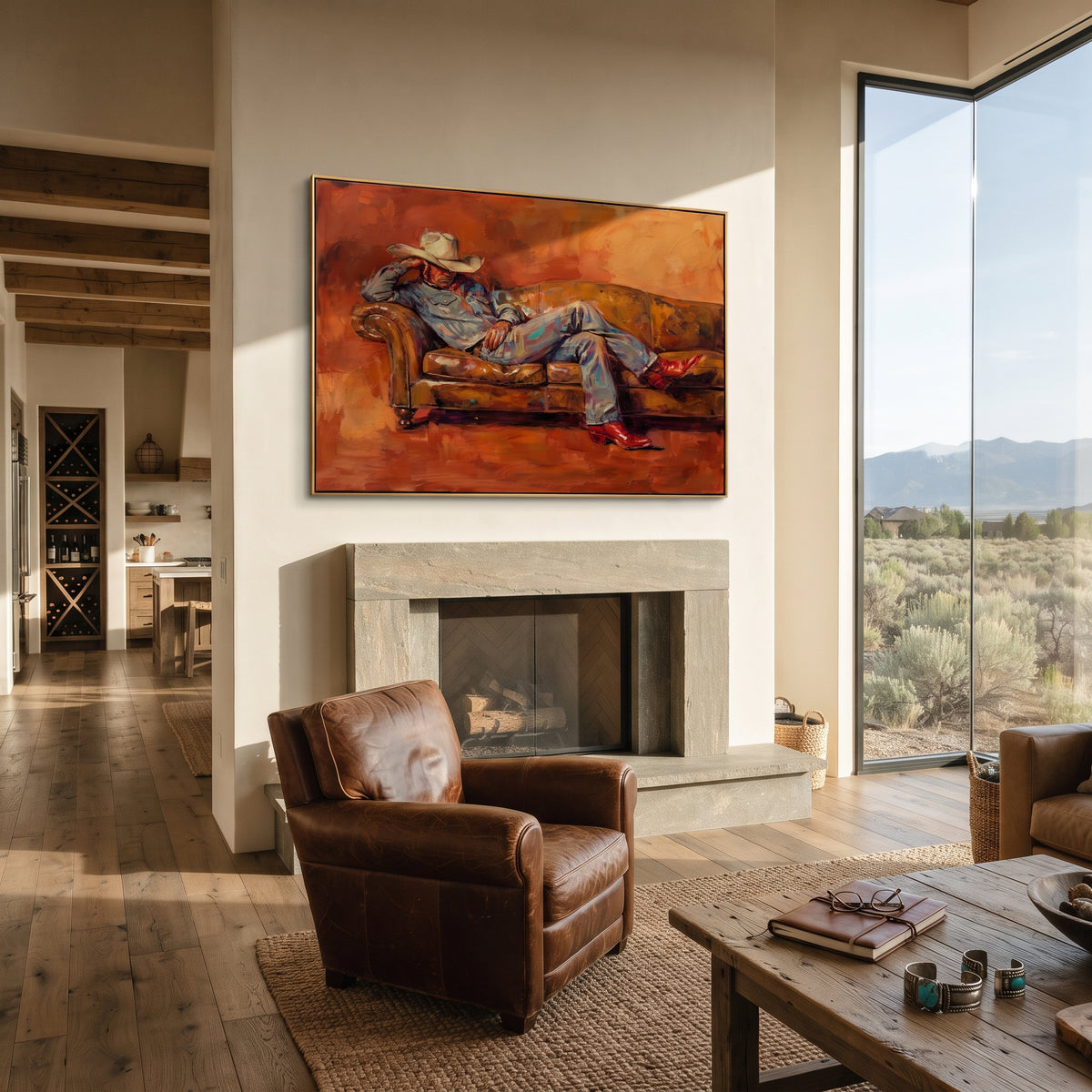 Ember Sofa Repose - reclining cowboy painting shown in modern room setting 4