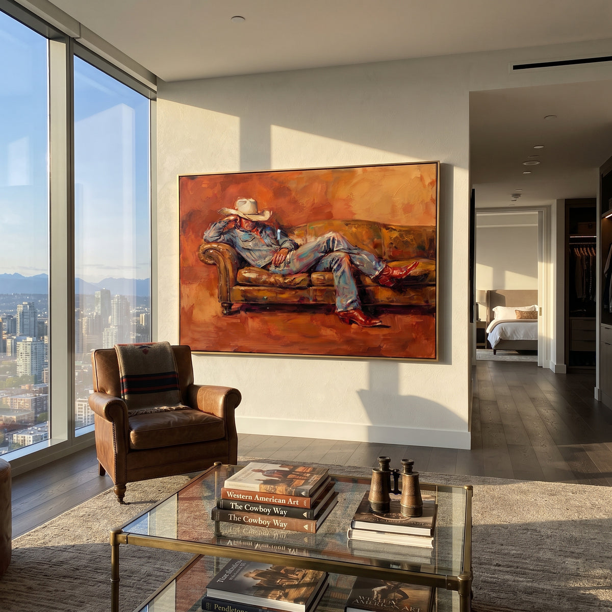 Ember Sofa Repose - reclining cowboy painting shown in modern room setting 5