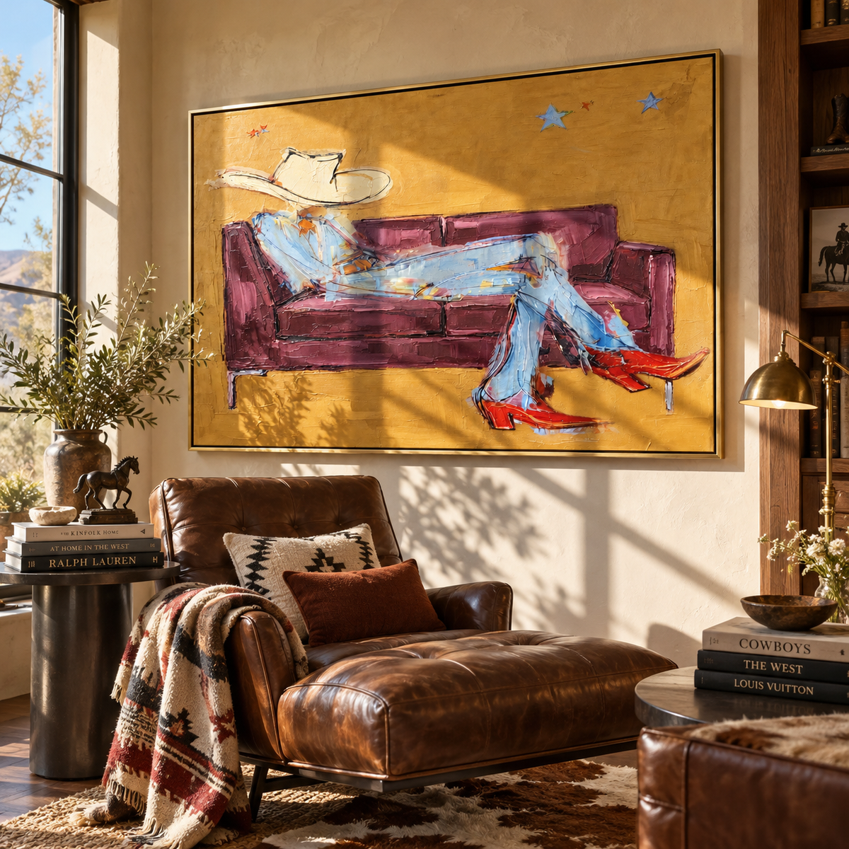 Plum Sofa, Scarlet Boots - relaxed cowboy painting displayed in a styled interior