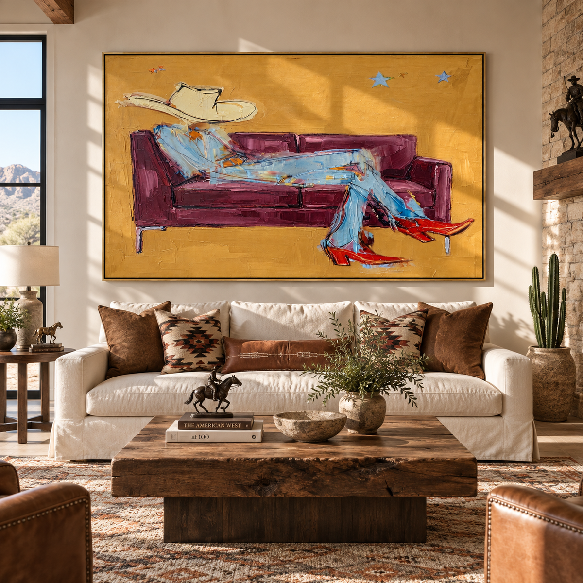 Plum Sofa, Scarlet Boots - relaxed cowboy painting shown in modern room setting 2