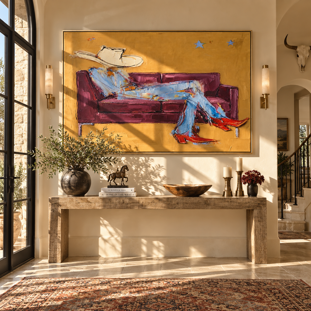 Plum Sofa, Scarlet Boots - relaxed cowboy painting shown in modern room setting 3