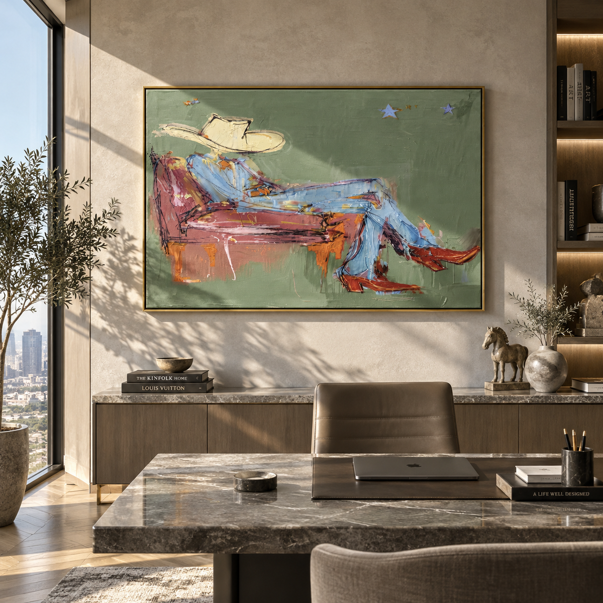 Sage Room, Crimson Boots - reclining cowboy painting displayed in a styled interior