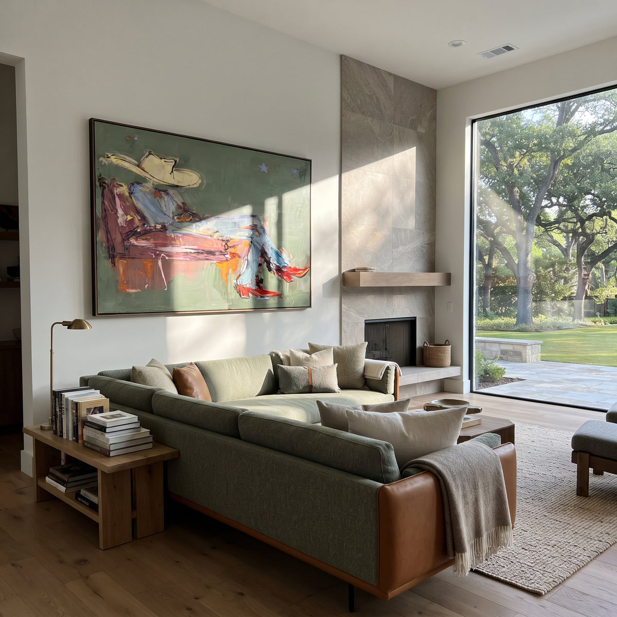 Sage Room, Crimson Boots - reclining cowboy painting shown in modern room setting 3