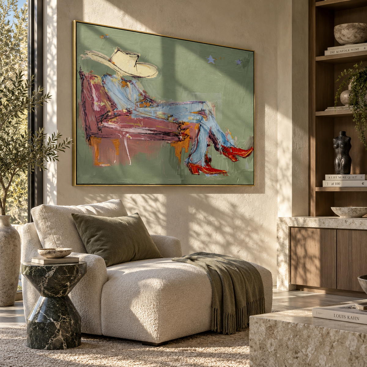 Sage Room, Crimson Boots - reclining cowboy painting shown in modern room setting 4