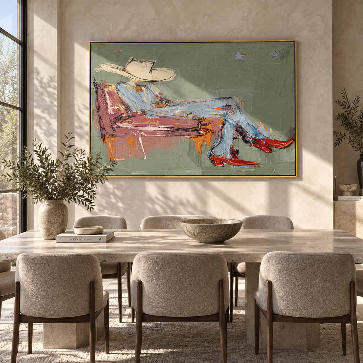 Sage Room, Crimson Boots - reclining cowboy painting shown in modern room setting 5