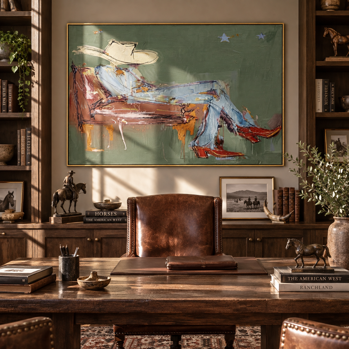 Blue Shirt on Green - resting cowboy painting shown in modern room setting 2