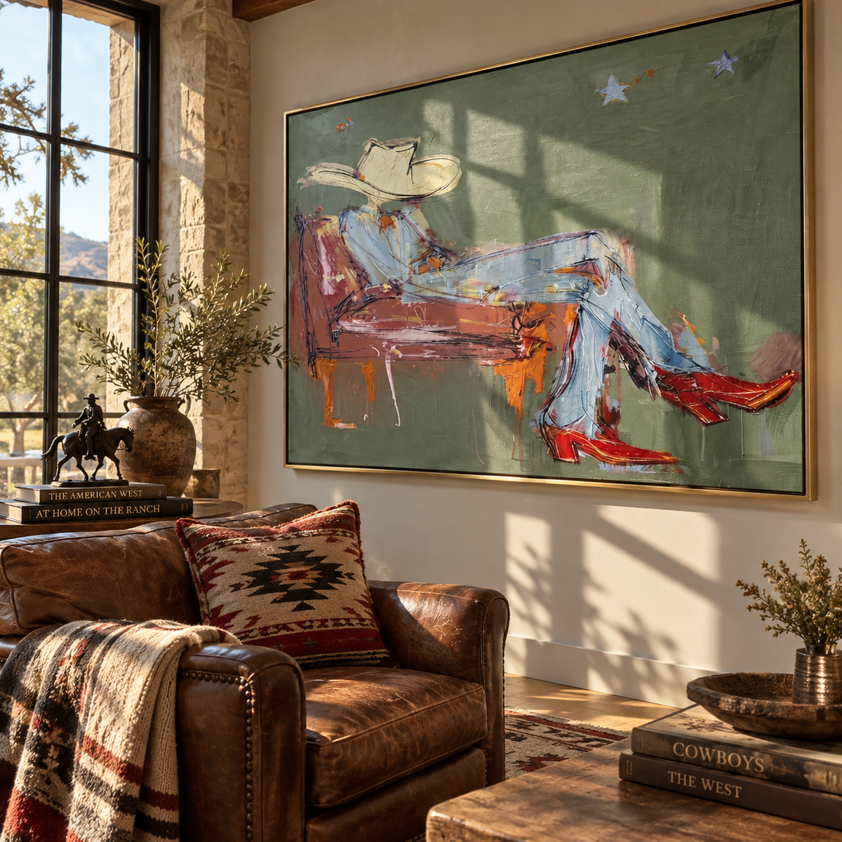 Blue Shirt on Green - resting cowboy painting shown in modern room setting 3