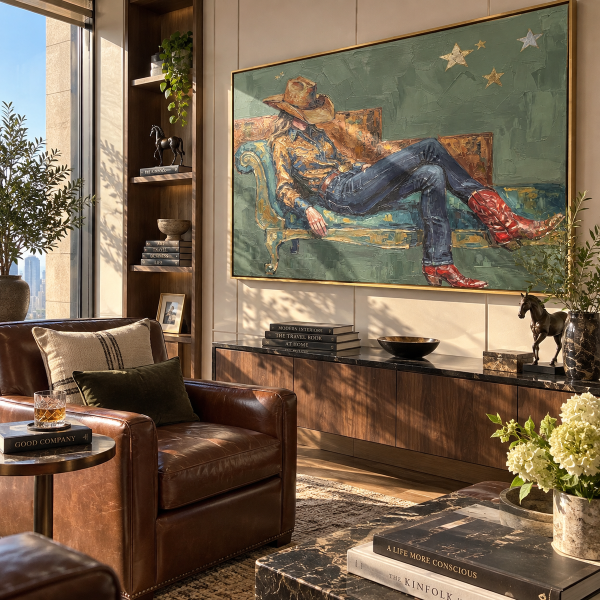 Stars Above the Armchair - seated cowboy painting displayed in a styled interior