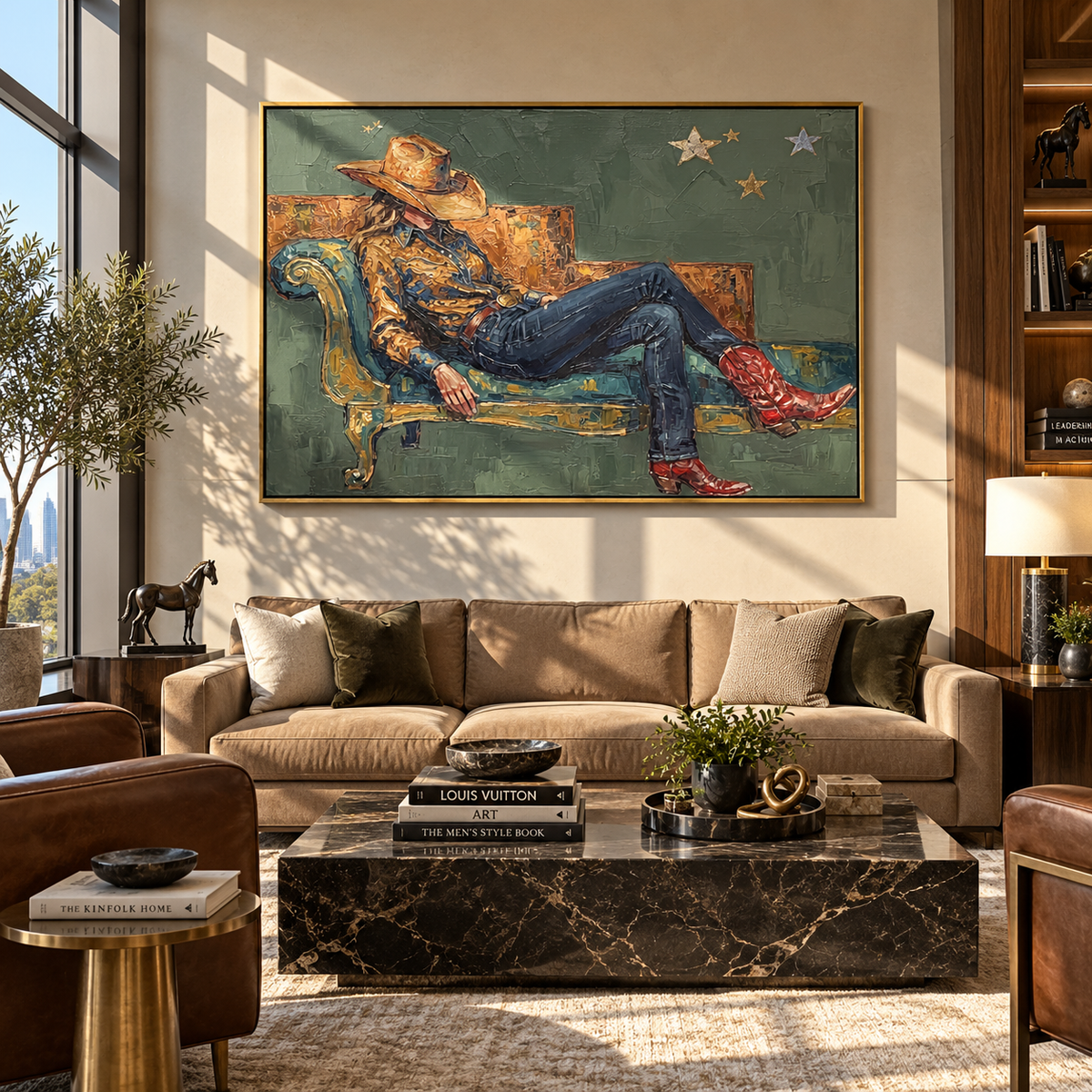 Stars Above the Armchair - seated cowboy painting shown in modern room setting 2
