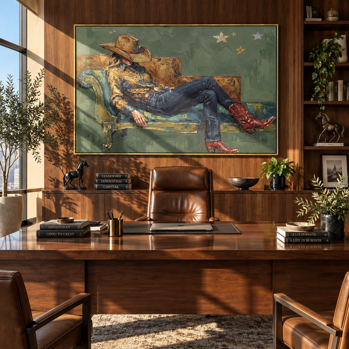 Stars Above the Armchair - seated cowboy painting shown in modern room setting 3