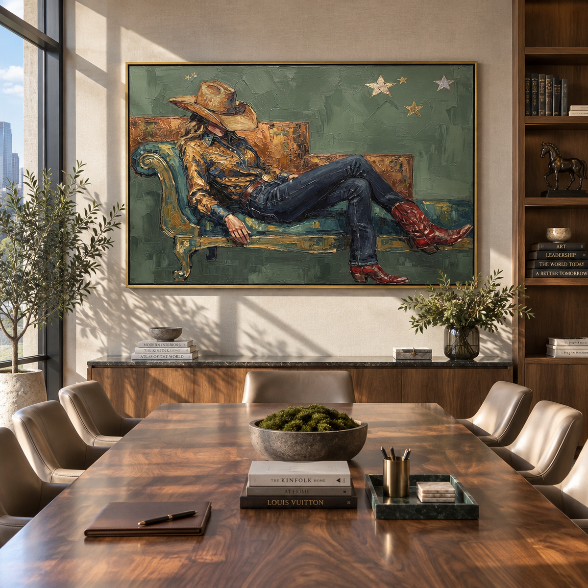 Stars Above the Armchair - seated cowboy painting shown in modern room setting 5