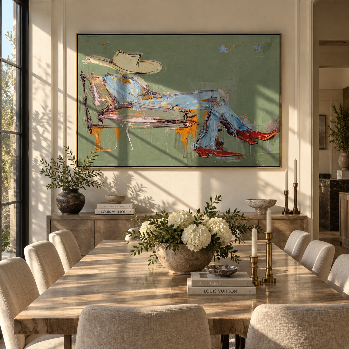 Sage Daydream - relaxed cowboy painting shown in modern room setting 3