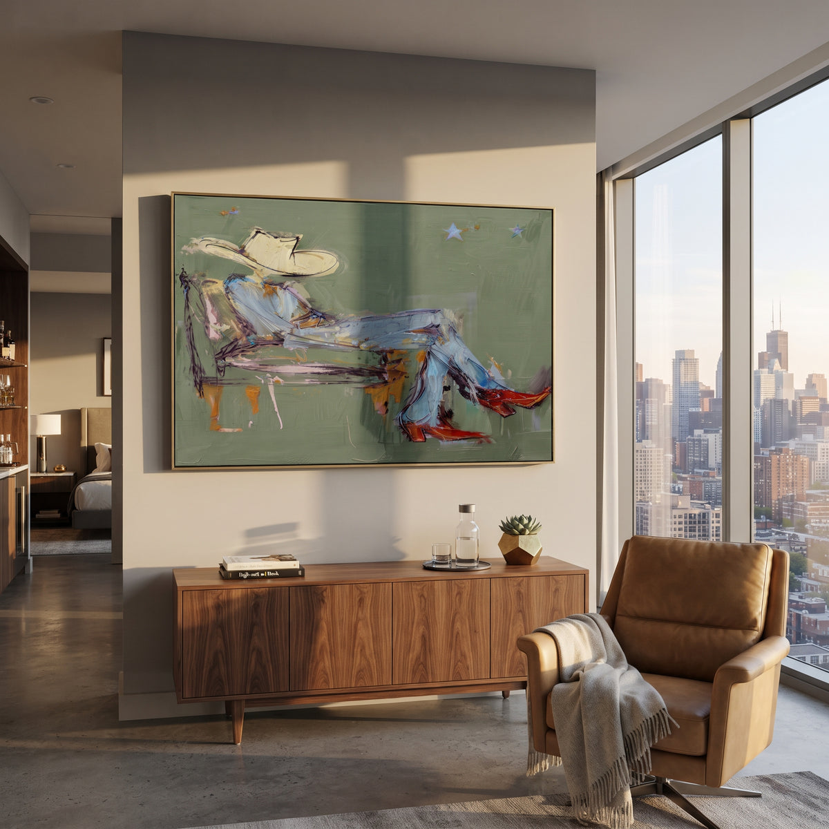 Sage Daydream - relaxed cowboy painting shown in modern room setting 4