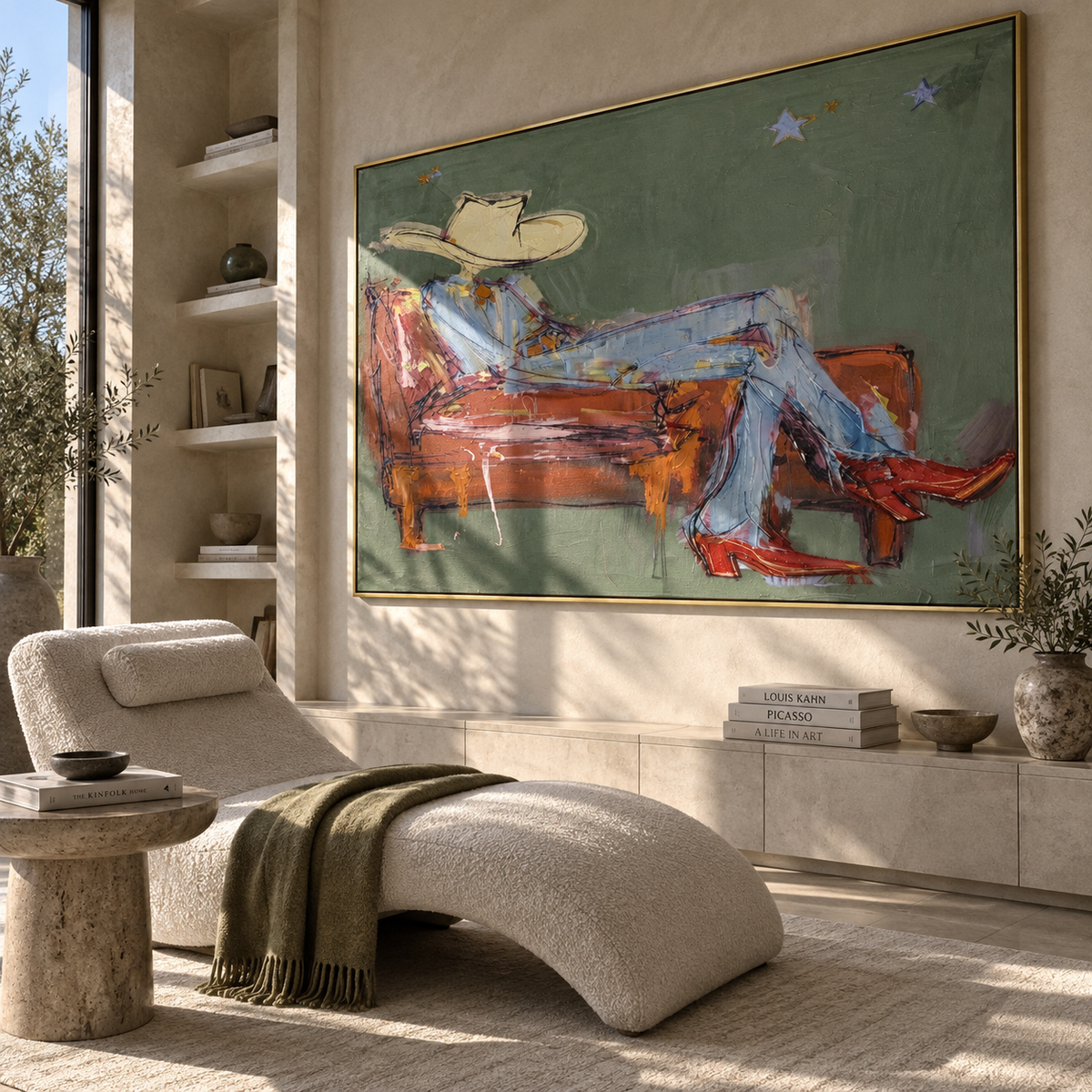 Rust Sofa, Pale Hat - reclining cowboy painting displayed in a styled interior