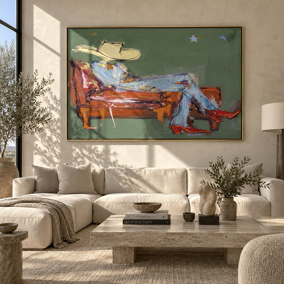 Rust Sofa, Pale Hat - reclining cowboy painting shown in modern room setting 2