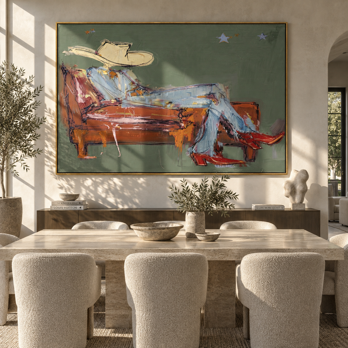 Rust Sofa, Pale Hat - reclining cowboy painting shown in modern room setting 3