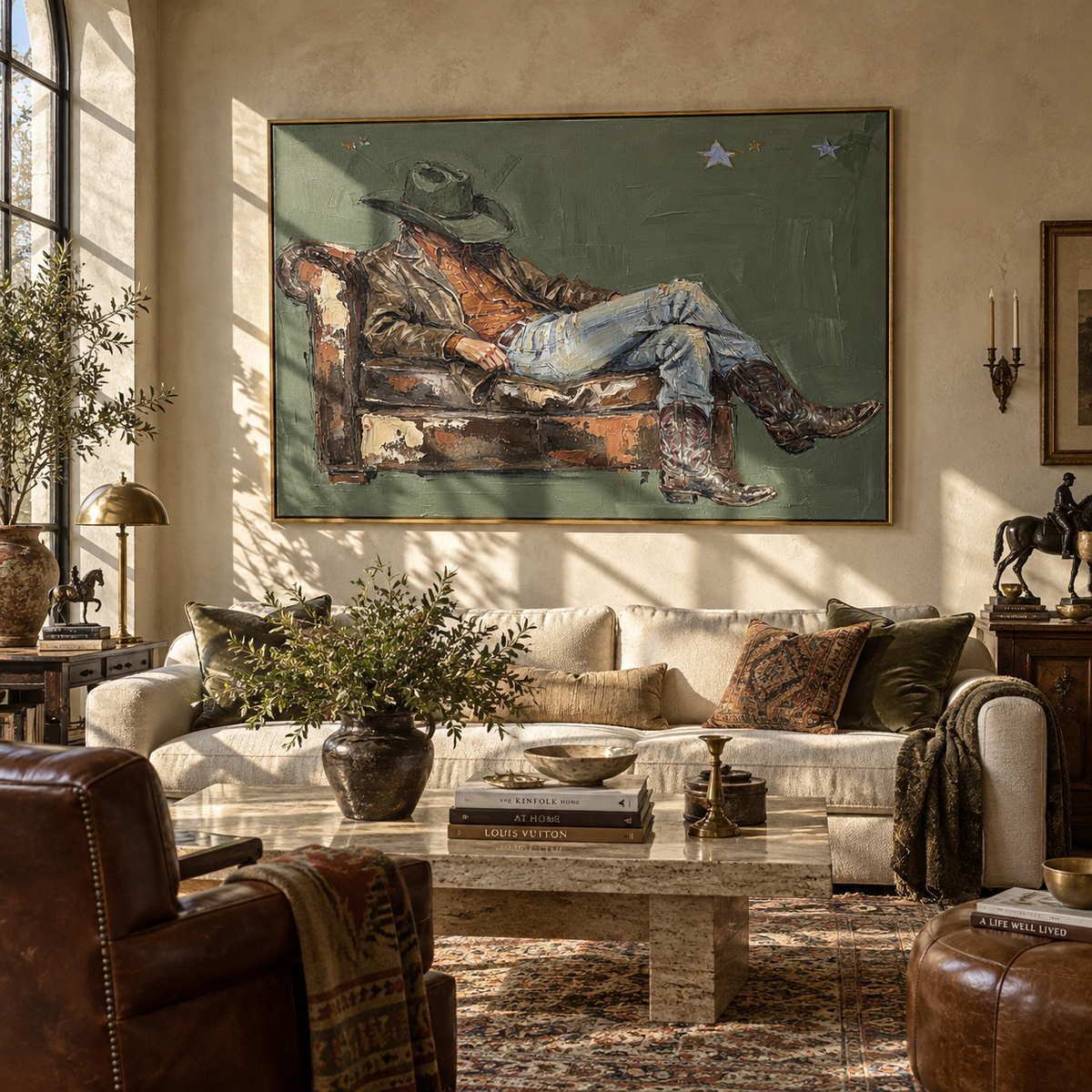 Weathered Couch Repose - resting cowboy painting shown in modern room setting 2