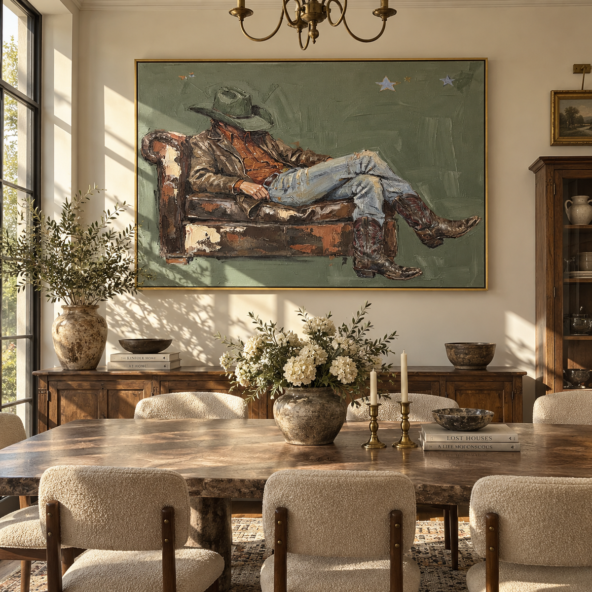 Weathered Couch Repose - resting cowboy painting shown in modern room setting 3