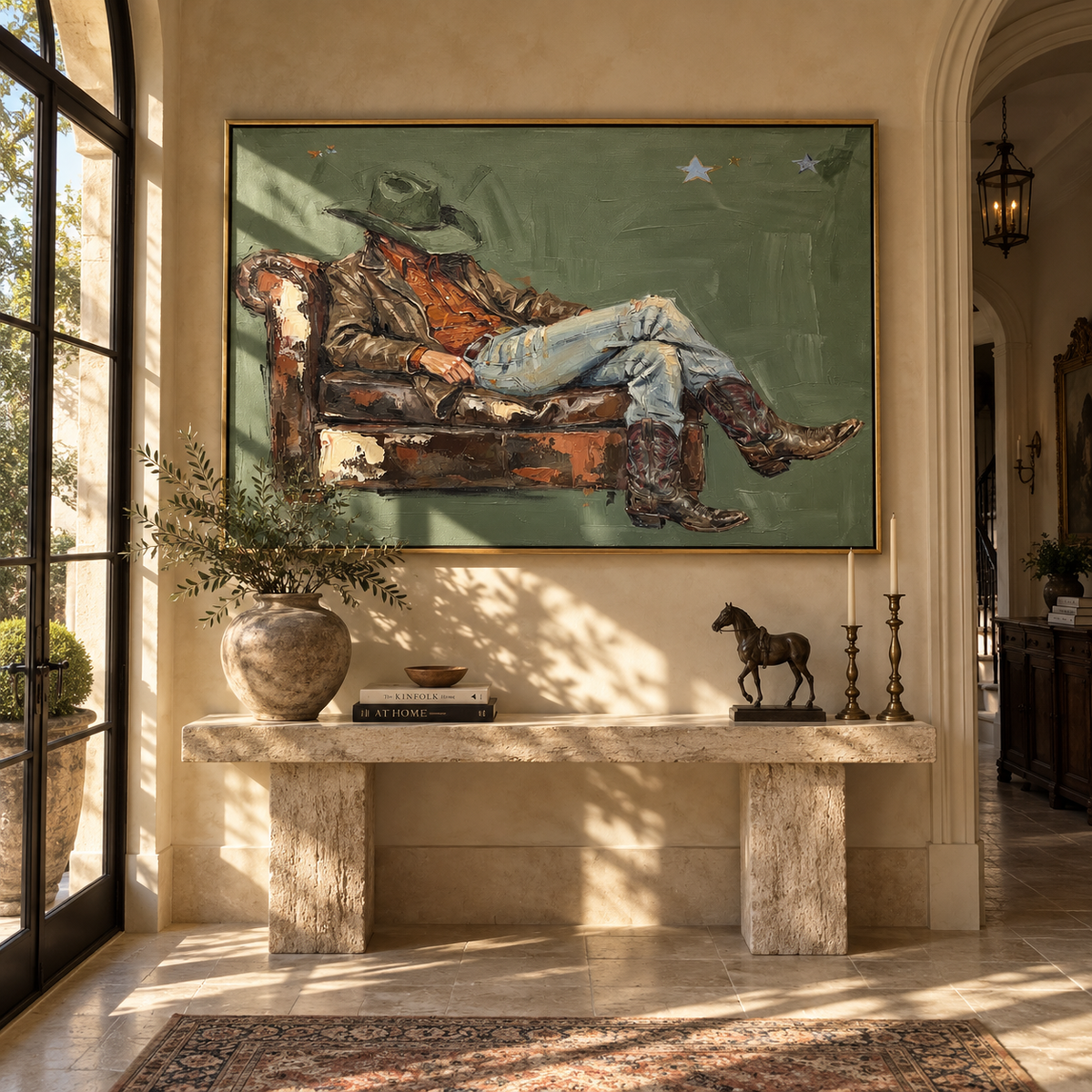 Weathered Couch Repose - resting cowboy painting shown in modern room setting 4