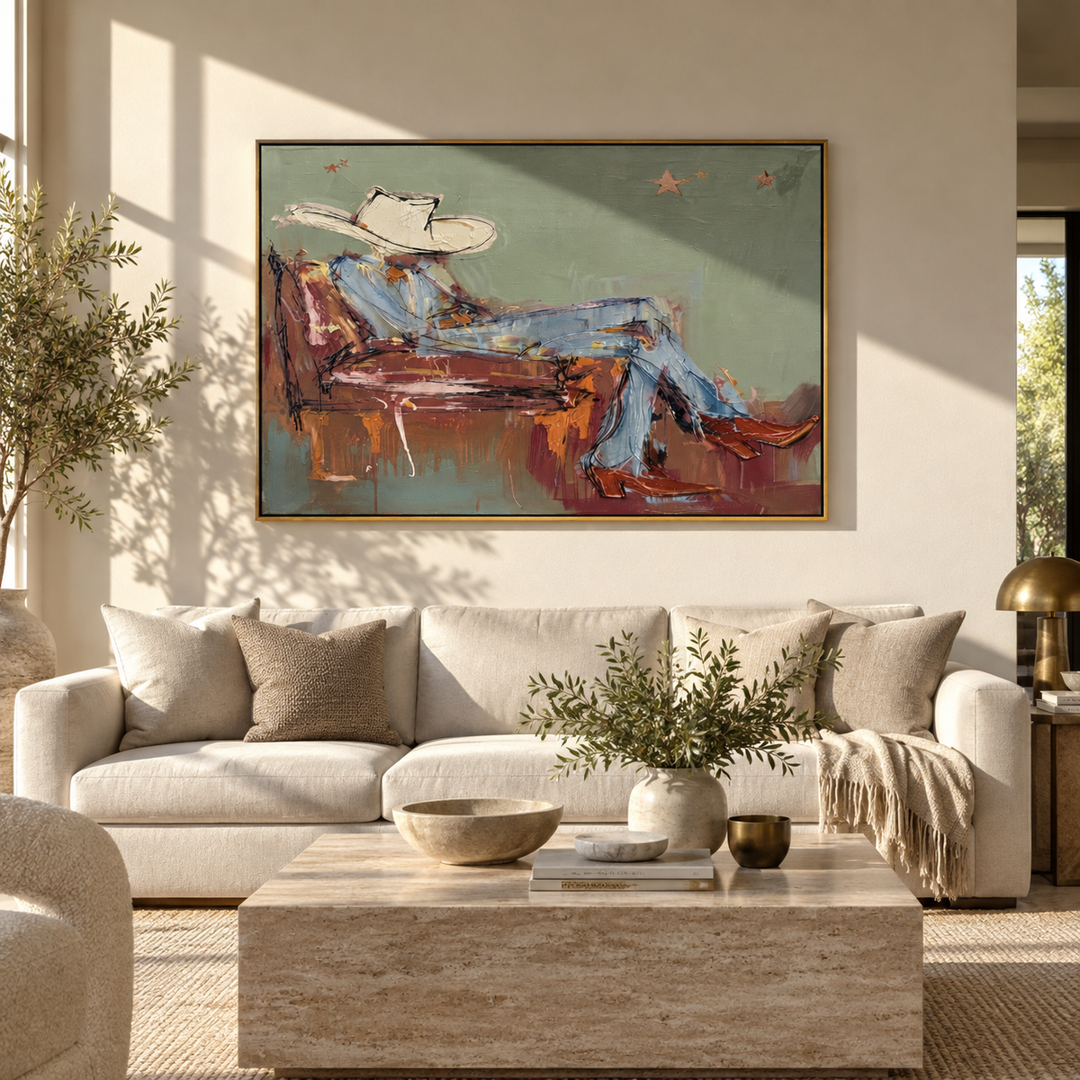 Quiet Hours in Sage - reclining cowboy painting displayed in a styled interior