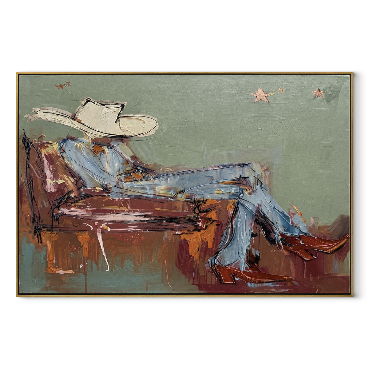Quiet Hours in Sage - reclining cowboy painting in a wood frame on white