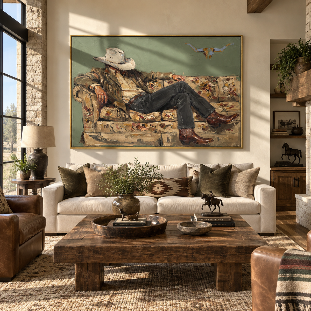 Floral Sofa, Dark Hat - relaxed cowboy painting displayed in a styled interior