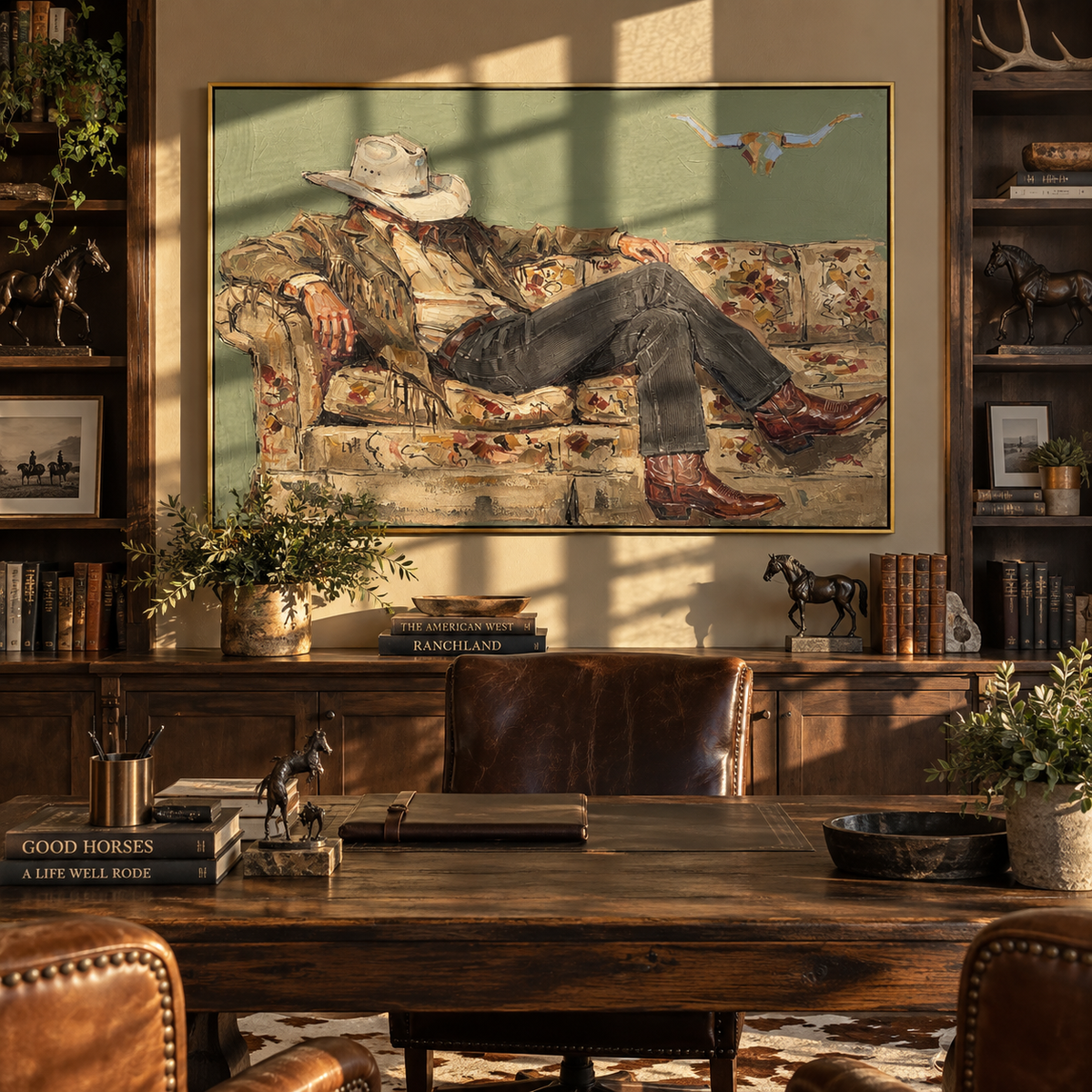 Floral Sofa, Dark Hat - relaxed cowboy painting shown in modern room setting 4