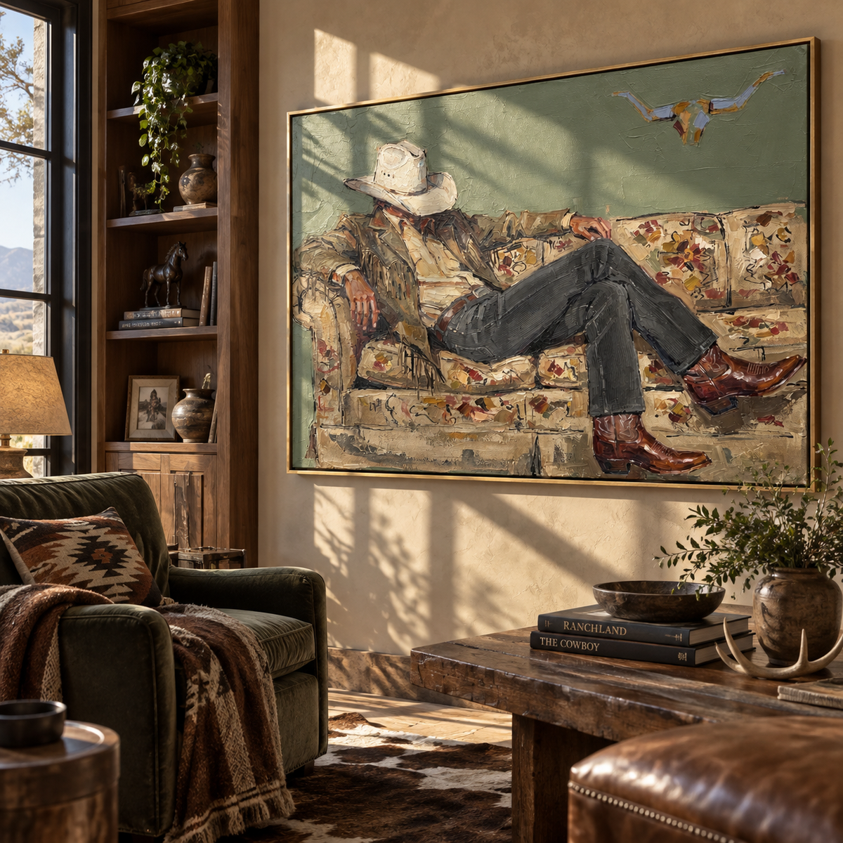 Floral Sofa, Dark Hat - relaxed cowboy painting shown in modern room setting 5