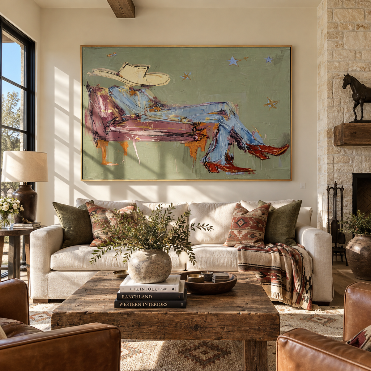Lone Star on Green - resting cowboy painting displayed in a styled interior