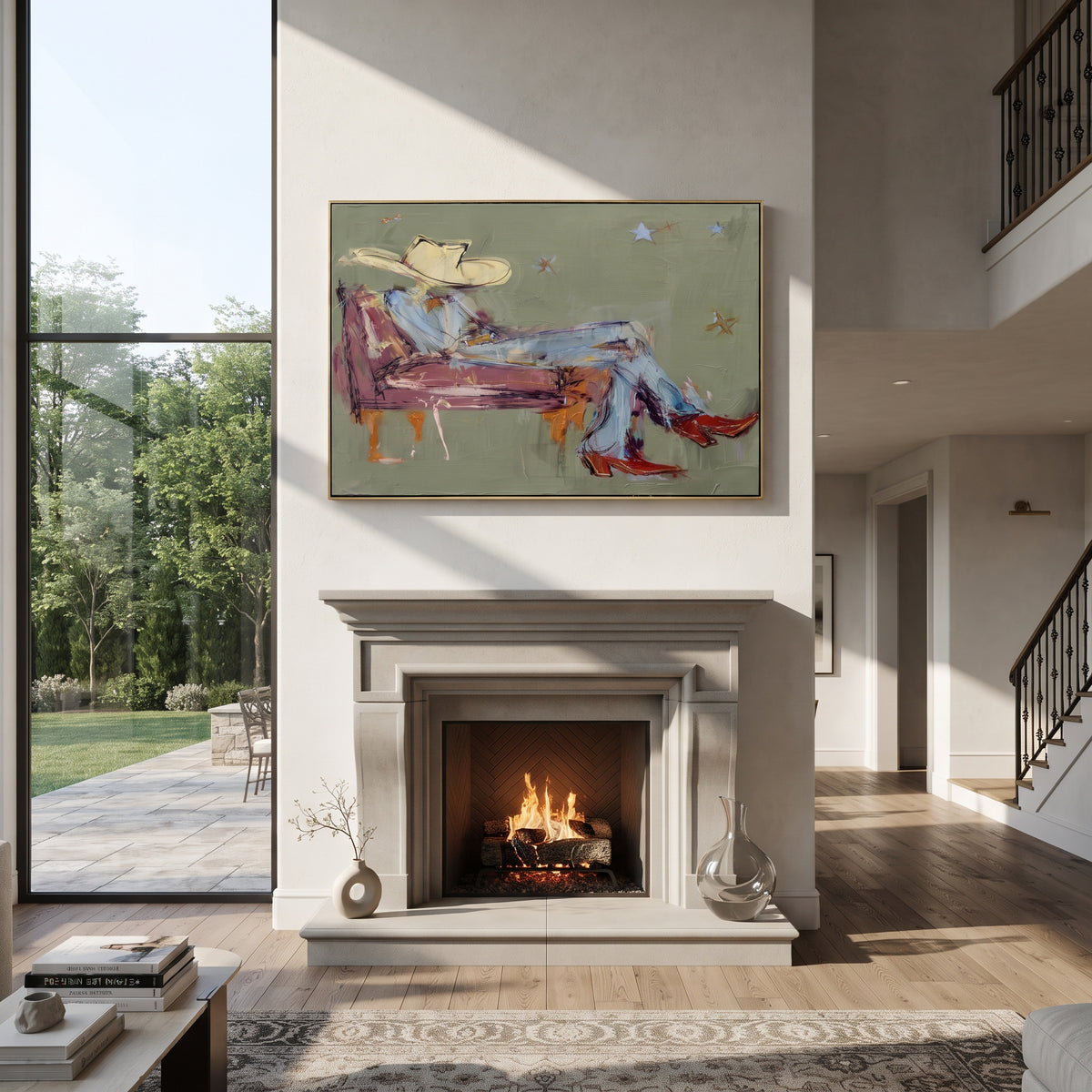 Lone Star on Green - resting cowboy painting shown in modern room setting 4