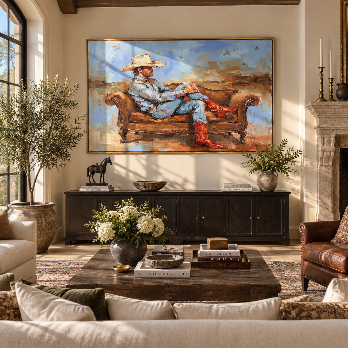 Sky Blue Western Repose - seated cowboy painting displayed in a styled interior