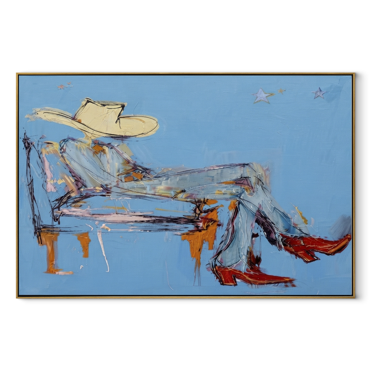 Blue Room, Red Boots - relaxed cowboy painting in a wood frame on white