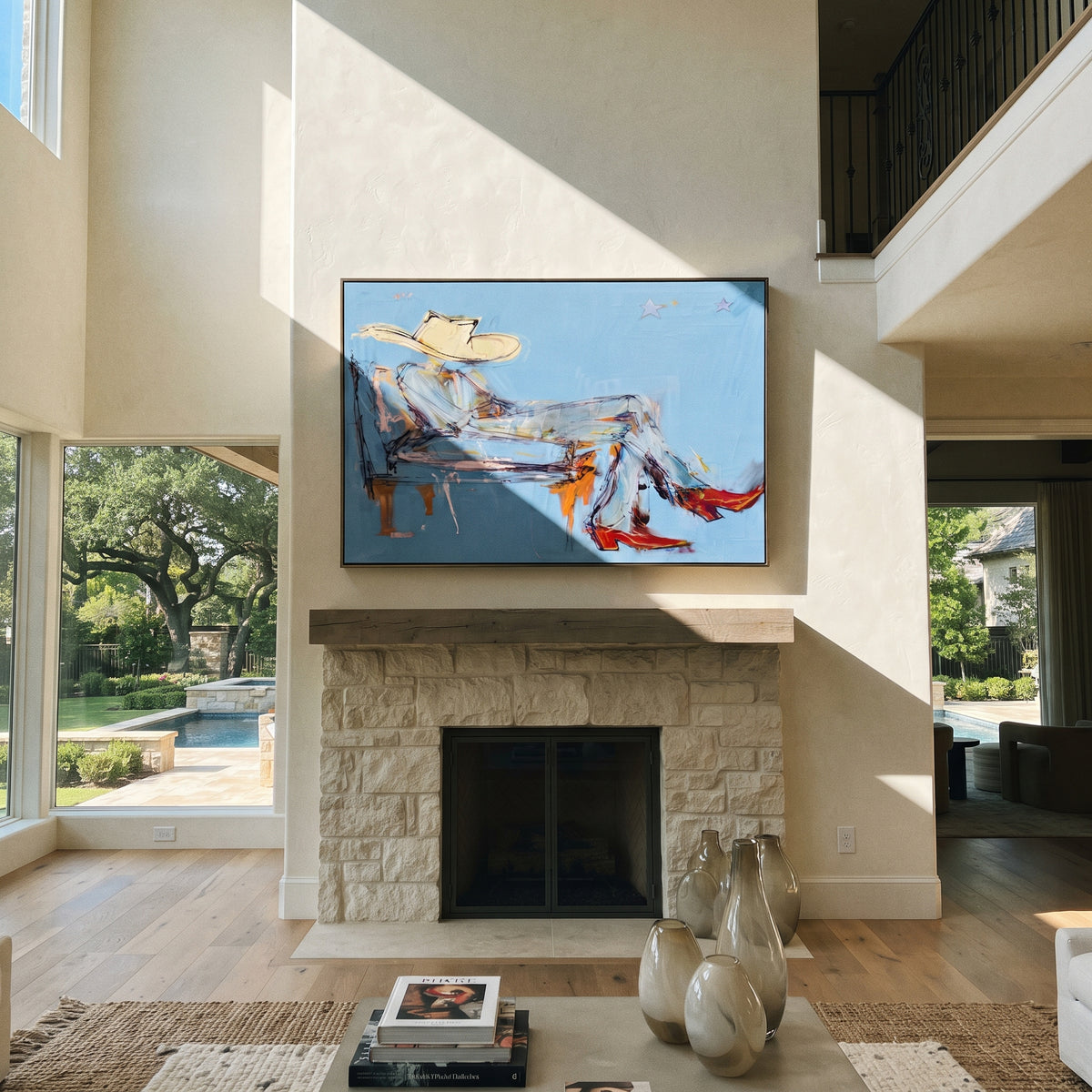Blue Room, Red Boots - relaxed cowboy painting shown in modern room setting 2