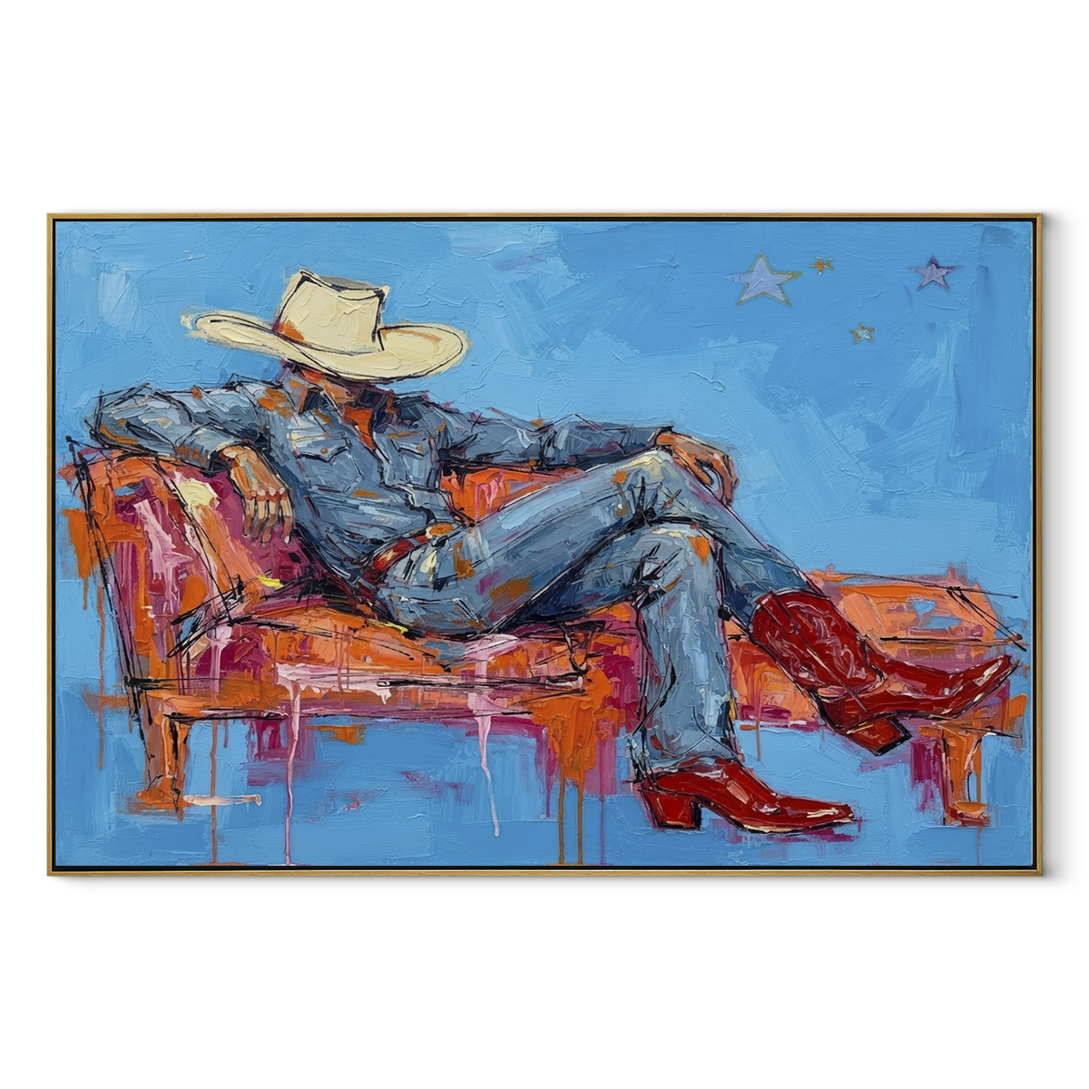 Cobalt Sofa, Scarlet Boots - reclining cowboy painting in a wood frame on white